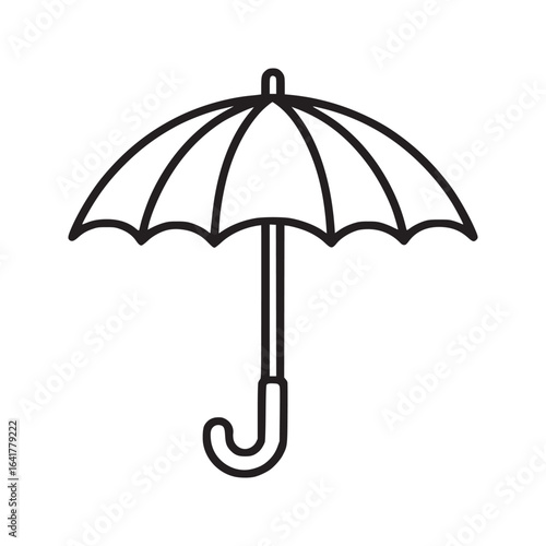 A simple line drawing of an umbrella with a curved handle on a plain white background illustration