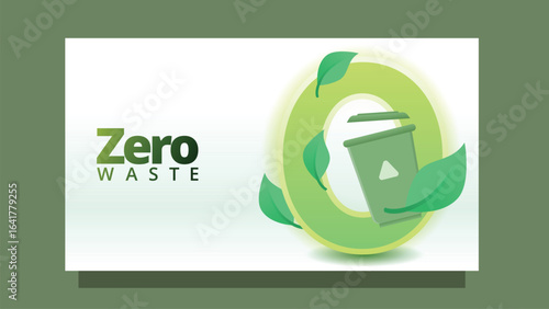 zero waste concept. empty trash bin and leves and zero text. modern clean style screen size template for web or presentation vector illustration