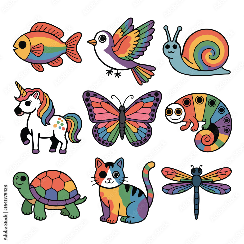 Fototapeta premium A collection of cute and colorful cartoon animals including a fish, bird, snail, unicorn, butterfly, caterpillar, turtle, cat, and dragonfly, isolated on white background