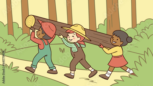 Diverse kids carrying wood in forest