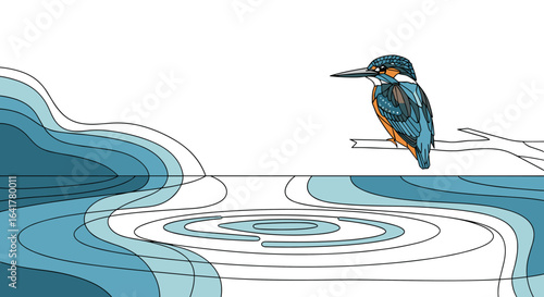 A kingfisher perched on a branch above rippling water showcasing its vibrant plumage and keen eye for its next meal