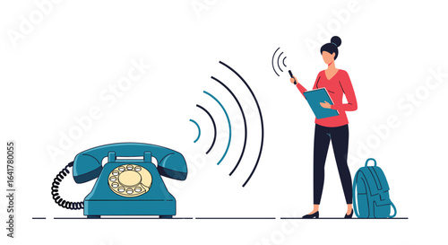 Retro rotary phone emits waves and a woman with a clipboard stands nearby with a backpack