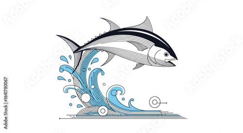 A powerful tuna leaping through blue waves capturing the ocean's dynamic energy