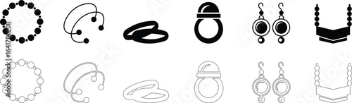 Woman's jewelry icon set elegant vector of rings, neckless, bangles, and watches, in minimalist black silhouette style for fashion design accessory branding E-commerce stores luxury boutique for web