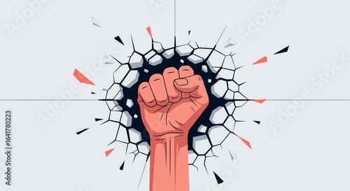 A powerful fist breaks through a textured wall symbolizing strength and determination