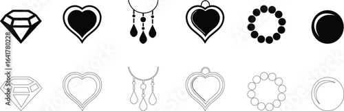 Woman's jewelry icon set elegant vector of rings, neckless, bangles, and watches, in minimalist black silhouette style for fashion design accessory branding E-commerce stores luxury boutique for web