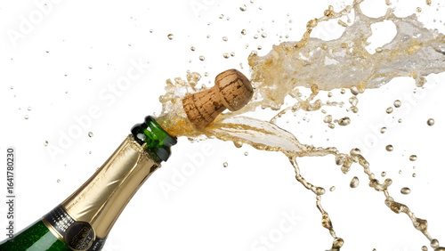 Champagne bottle cork popping with splash isolated on transparent background