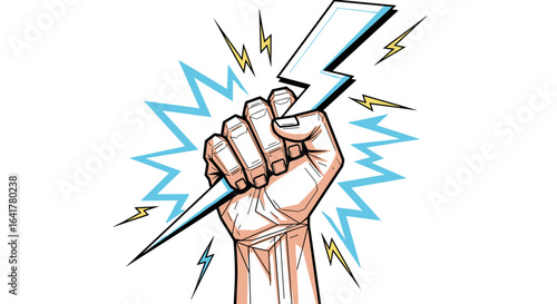 A powerful hand holds a lightning bolt symbolizing energy strength and electric power in a dynamic abstract design