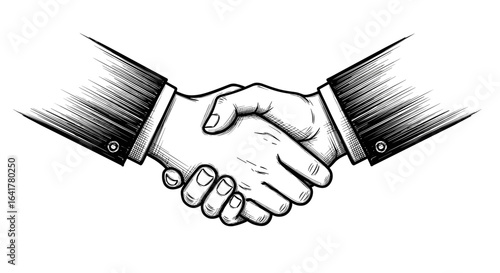 A vintage style illustration of two hands firmly shaking in a gesture of agreement partnership and trust