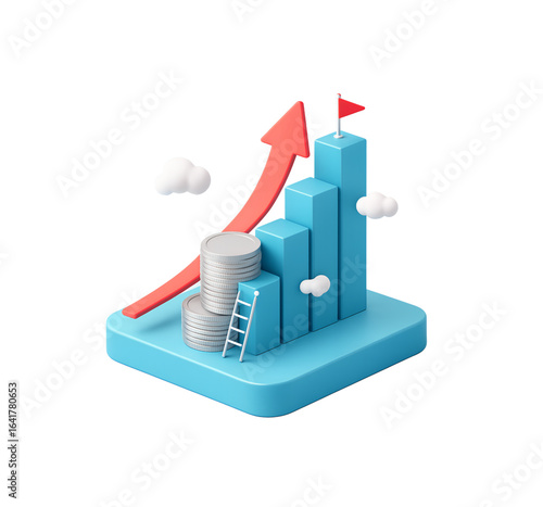 3D Isometric Illustration of Financial Growth Featuring Vibrant Blue Upward Bar Graph with Metallic Silver Coin Stacks and Red Success Arrow on Light Blue Base