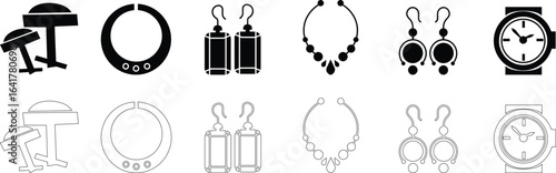 Woman's jewelry icon set elegant vector of rings, neckless, bangles, and watches, in minimalist black silhouette style for fashion design accessory branding E-commerce stores luxury boutique for web
