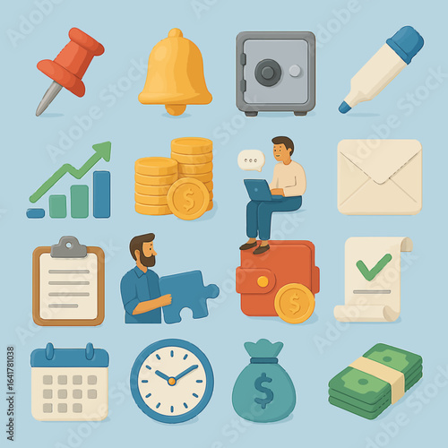 Collection of business and finance icons representing various aspects of financial management and productivity