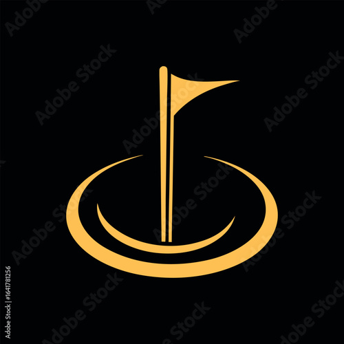 Stylized golden golf flag and hole on black background