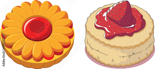 3D Vector Illustration of Golden-Brown Shortbread Cookie with Strawberry Jam Center. 