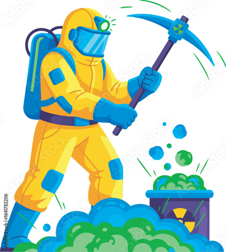 A worker in protective gear wielding a pickaxe, excavating radioactive waste.