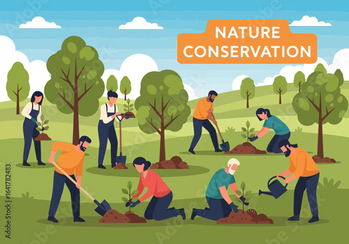 Group of volunteers planting trees in the park as a nature conservation activity to save the environment
