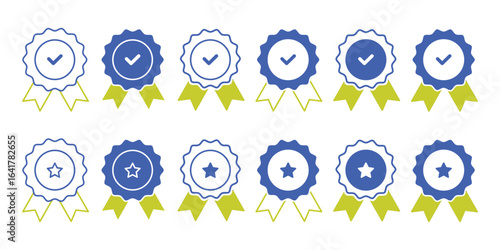 Approval check big icon set. Verified, certified, medal, correct mark, award ribbon, badge, quality certify sign - stock. Approval , verified, quality symbol. Certified, qualified medal icon vector.
