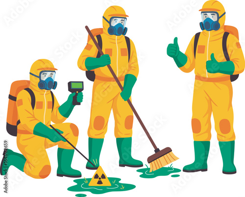 Three figures in yellow hazmat suits address a radiation spill, one kneeling with a device, another sweeping, and the third giving a thumbs up.