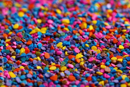 Colorful granulated candy sprinkles arranged vibrantly on a flat surface for decoration and baking purposes