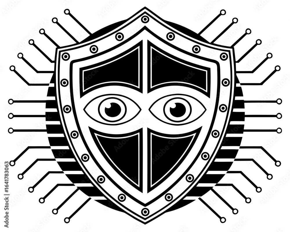 Obraz premium Cybersecurity shield with watchful eyes and circuit board connections