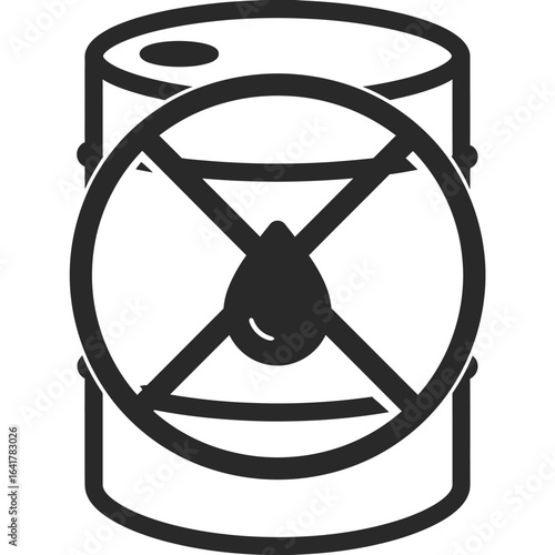 A barrel silhouette with a steering wheel and a drop of liquid, possibly oil or fuel, representing environmental concerns