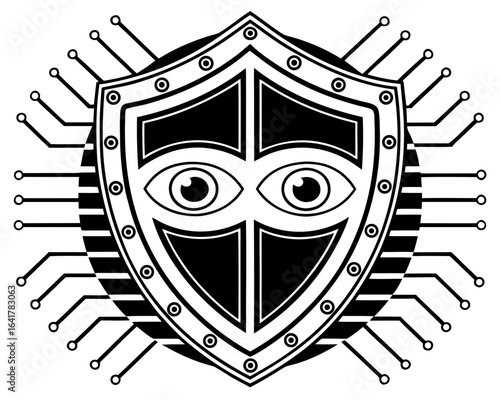 Cybersecurity shield with watchful eyes and circuit board connections