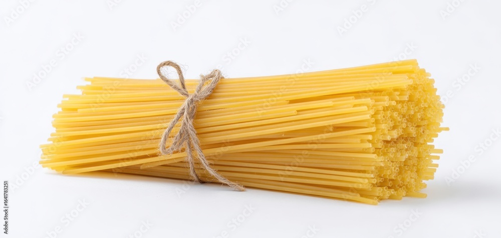 The bundle of raw spaghetti tied with twine on a white background. The bundle of raw spaghetti tied with twine on a white background.