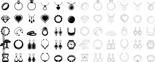 Woman's jewelry icon set elegant vector of rings, neckless, bangles, and watches, in minimalist black silhouette style for fashion design accessory branding E-commerce stores luxury boutique for web