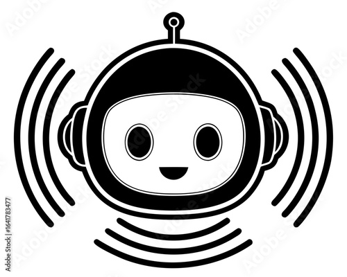 Friendly robot face with sound waves emanating from its head