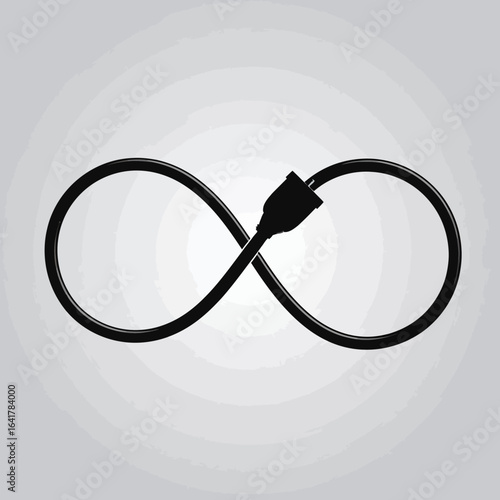 A black power cord forms an infinity symbol on a light gray gradient background. The plug is connected