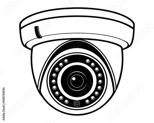 Black and white illustration of a modern dome security camera