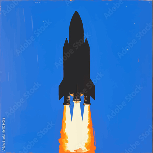 A black rocket blasts off against a blue sky, flames erupting from its engines. Simple, graphic style