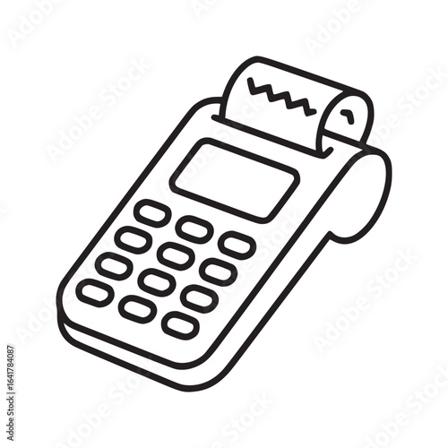 A line drawing of a payment terminal with a keypad and a receipt sticking out of the top edge
