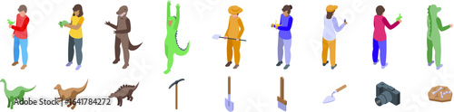 Kids play dinosaurs icons set. Isometric icons representing paleontologists excavating dinosaur fossils, people wearing dinosaur costumes, and various tools and artifacts related to dinosaurs
