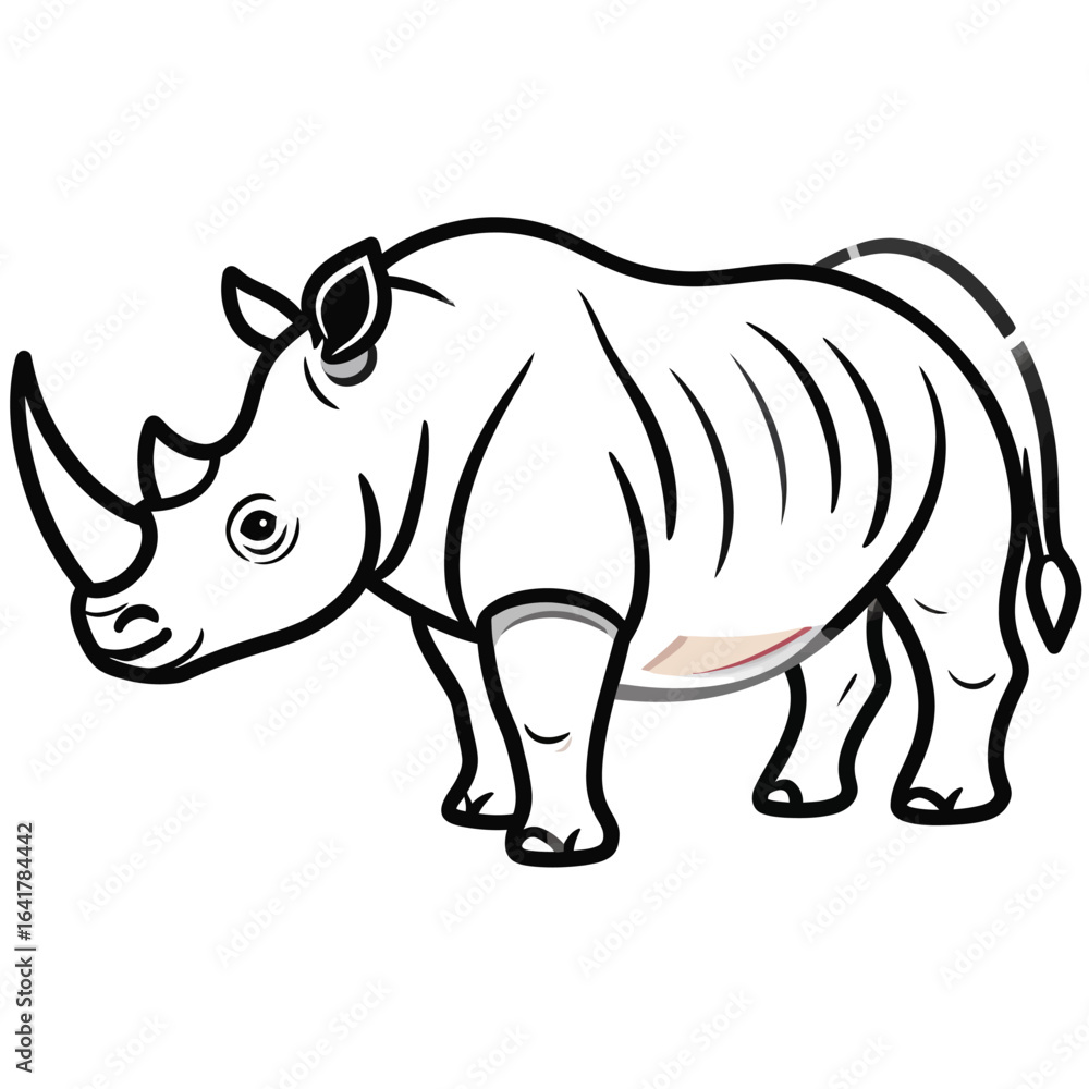 Obraz premium A cartoon illustration of a rhinoceros, defined by thick black outlines. The rhino is white with gray and brown details