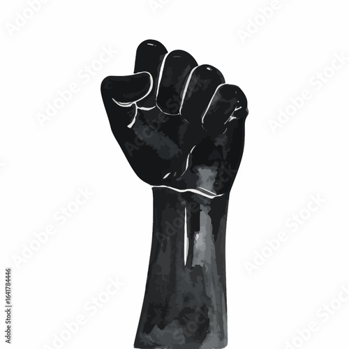 A black, stylized illustration of a clenched fist raised upward, suggesting power, unity, and resistance. The hand is set against a white background