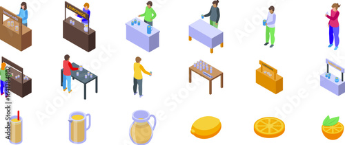 Children selling lemonade icons set. Isometric icons representing lemonade stands, vendors, customers, pitchers, lemons, and oranges, ideal for visualizing summer refreshments and entrepreneurship