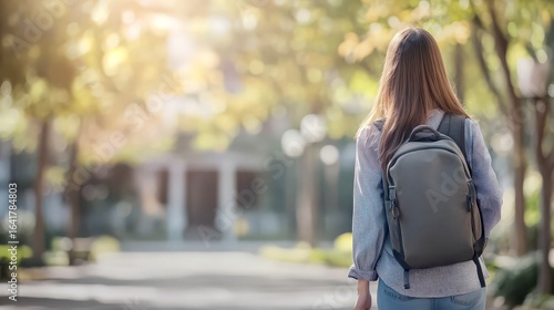 University student walking down sunny tree-lined campus path