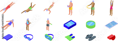 Elderly people swimming pool icons set. Isometric senior people are swimming, doing aqua aerobics and enjoying various pool activities