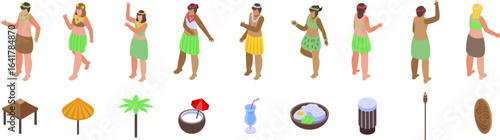 Hawaiian dancer icons set. Isometric set of hawaiian dancers in traditional attire, performing hula dance, along with cultural icons and local cuisine