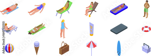 People sunbathing icons set. Isometric set of beach elements showing people sunbathing, swimming, playing and relaxing on summer vacation