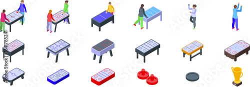 Air hockey icons set. Isometric set with people playing air hockey, different air hockey tables, pucks and winner s cup
