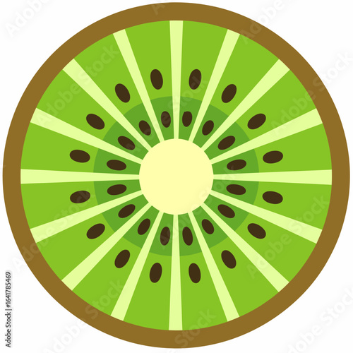 A circular illustration of a kiwi fruit slice, green flesh with radiating lines, brown seeds and skin