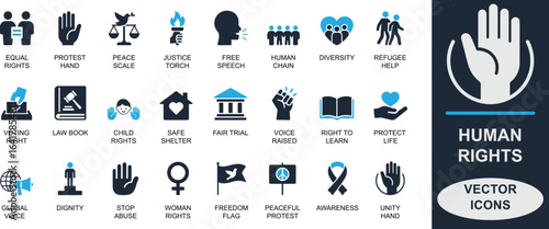 
Minimal human rights icon set featuring justice, equality, freedom, dignity, and protest symbols. Ideal for campaigns, apps, legal aid, education, and awareness projects.