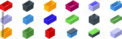 Plastic crate box icons set. Set of colorful plastic basket icons in isometric view, ideal for illustrating storage, organization, shopping, and logistics concepts