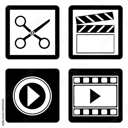 Collection of four black and white icons for video production and editing