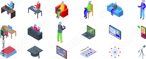 Seniors study online icons set. Elderly people are engaging in lifelong learning, pursuing knowledge and new skills through various educational platforms and resources
