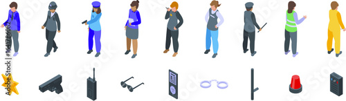 Children police equipment icons set. Police officers, security guards, and investigators working, using walkie talkies, guns, handcuffs, and other equipment