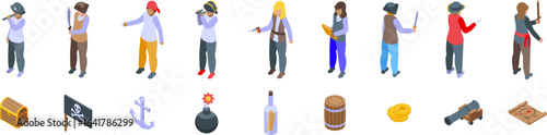 Kids play pirates icons set. Isometric pirates using spyglasses, swords and guns, searching for treasures and fighting enemies