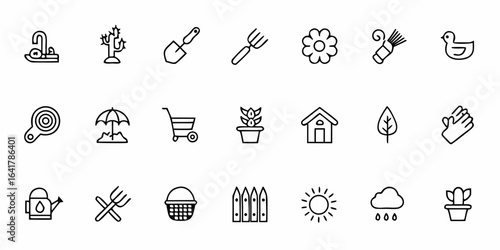 Gardening and Landscaping Line Art Icon Bundle – Minimalist Vector Tools, Plants, and Outdoor Elements for Eco-Friendly Branding and Design

